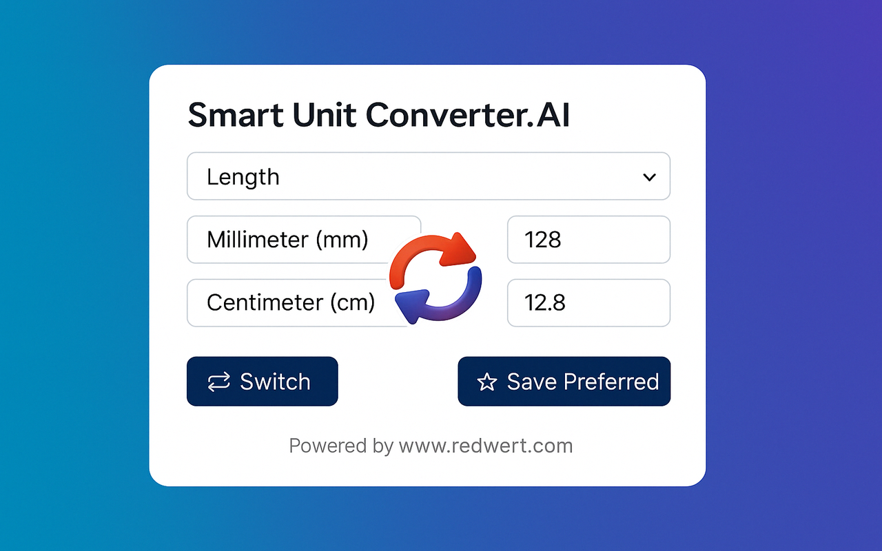 Smart Unit Converter.AI popup showing unit selection, conversion result and save preferred option